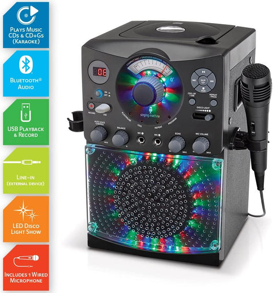 Karaoke Machine for Kids and Adults with Wired Microphone - Built-In Speaker with LED Disco Lights - Wireless Bluetooth, CD+G & USB Connectivity - Black [Amazon Exclusive]