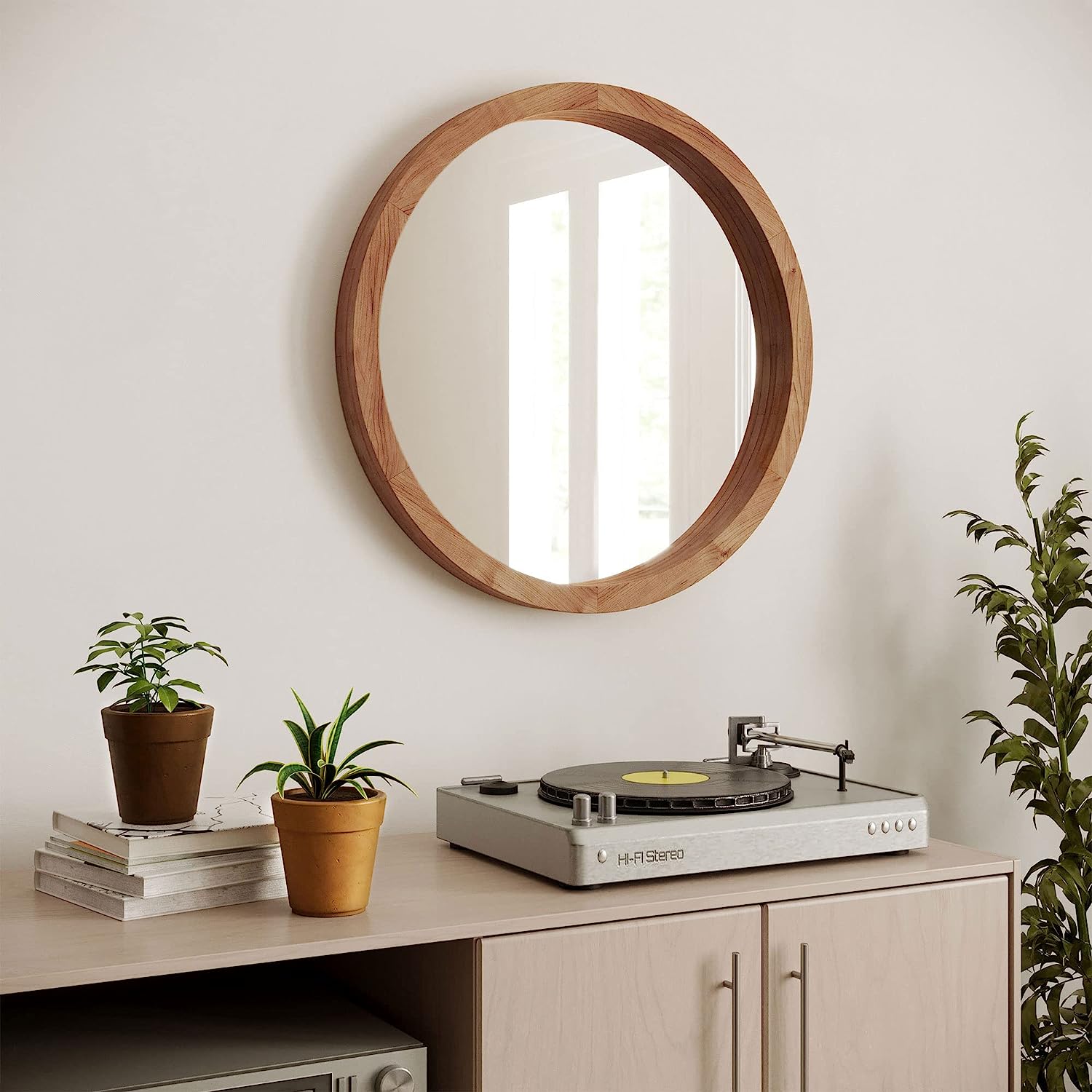24" Round Decorative Wood Farmhouse, Rustic Wall Mirror, Bedroom Mirrors for Wall Decor, Hanging Mirror for Living Room, Bathroom Vanity Mirror, Brown