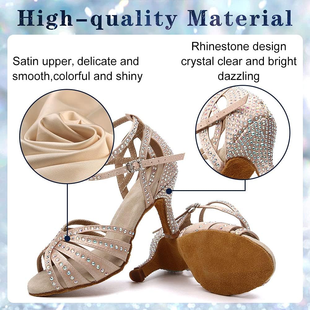 Women Rhinestone Ballroom Dance Shoes Open Toe Latin Salsa Bachata Performance Dance Heels