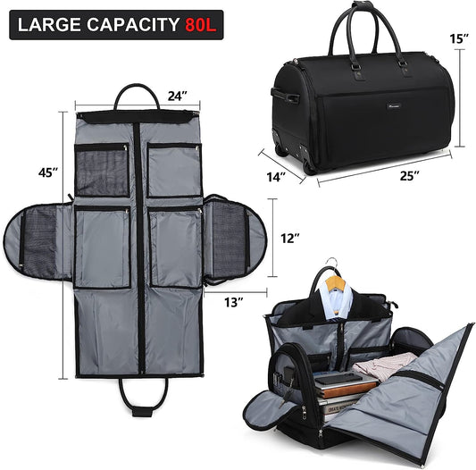 Rolling Garment Bags, Large Garment Duffle Bag with Wheels, 3 in 1 Garment Suit Luggage Bag for Women Men Business Travel Weekender, Black