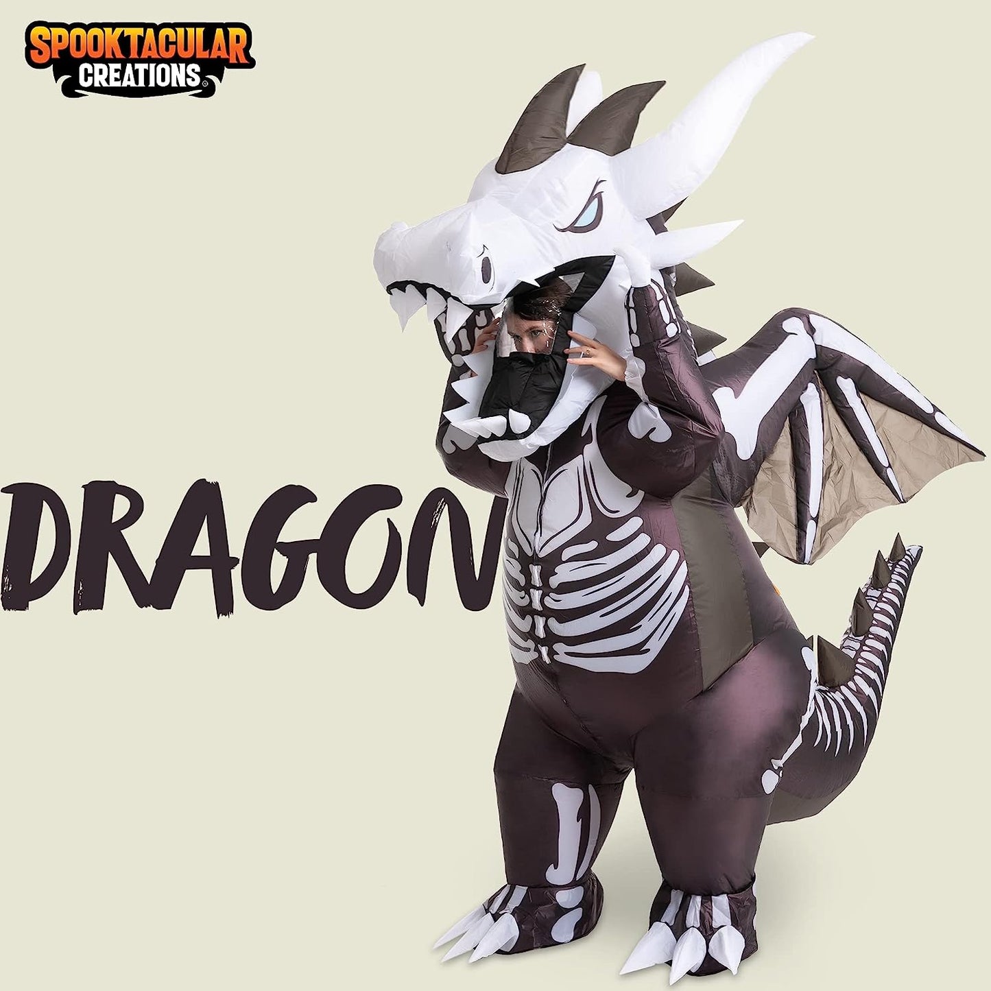 Inflatable Costume for Adult, Dragon Skeleton Air Blow Up Costume, Full Body Costume with 3D Horns Wings for Halloween Costume Parties