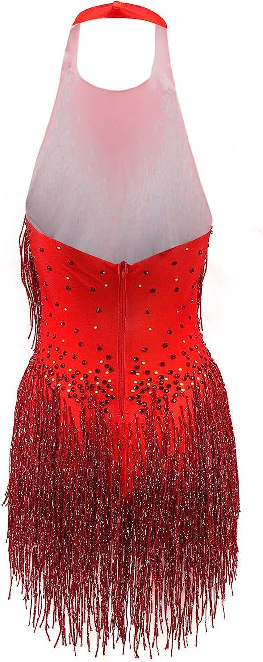 Red Rhinestone Bodysuit Women Sexy Outfit Backless Sleeveless Halter Latin Jazz Dance Leotard with Fringe