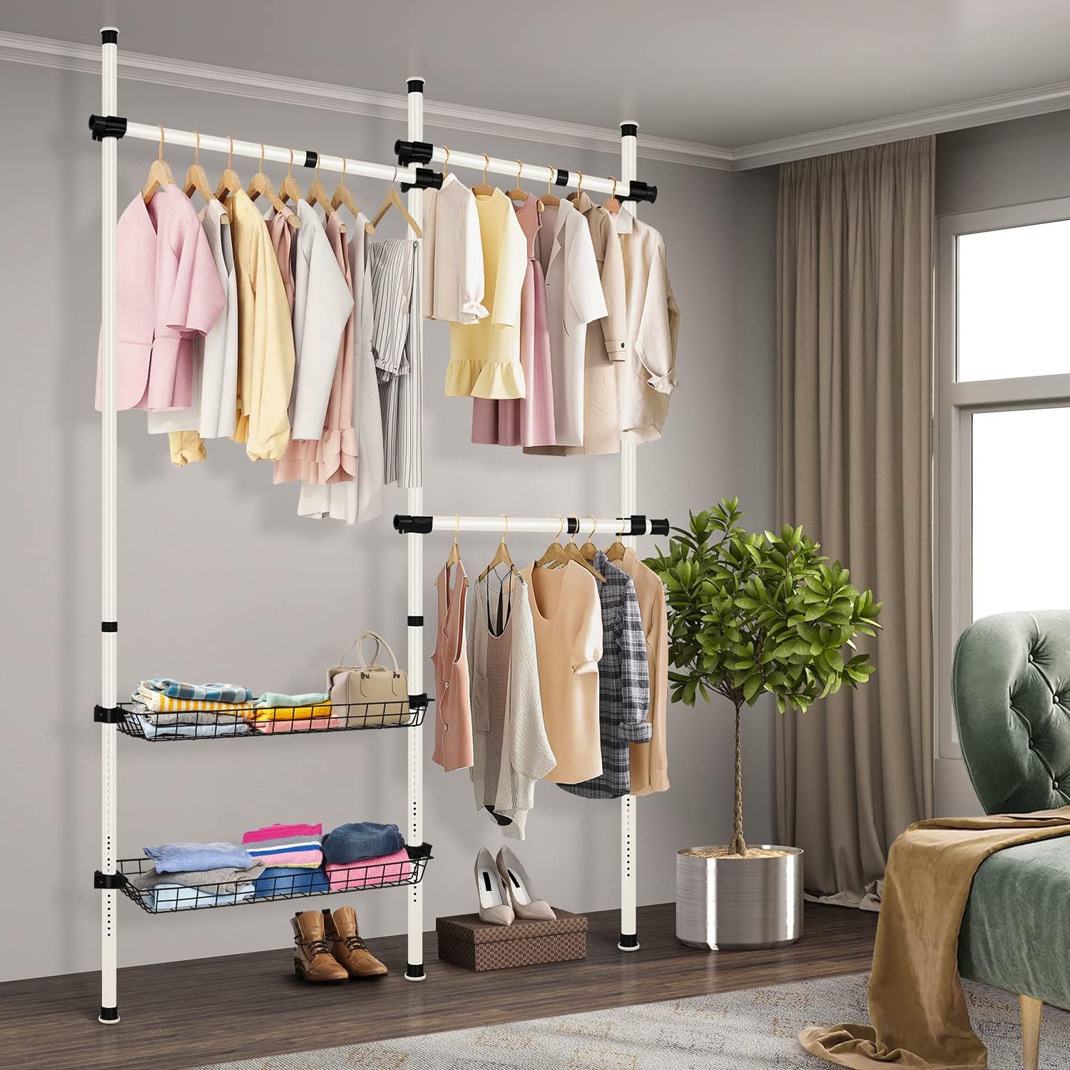 Floor to Ceiling Clothes Rack Tension Rod Clothing Rack Double 2-Tier ...