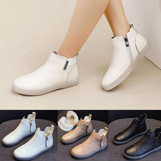 Ladies Boots， Genuine Leather Cow Women Ankle Boots Warm Wool Beige White Slip on Booties Autumn Winter Shoes (Color : Beige, Size : 7.5 UK)