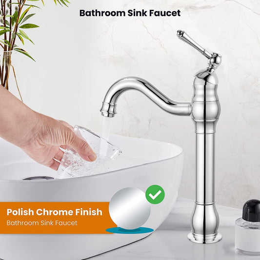 Bathroom Vessel Sink Faucet Polish Chrome Single Handle Lavatory Vanity Mixer Bar Tap 360° Swivel with Pop Up Drain Tall Spout Single Hole Deck Mount