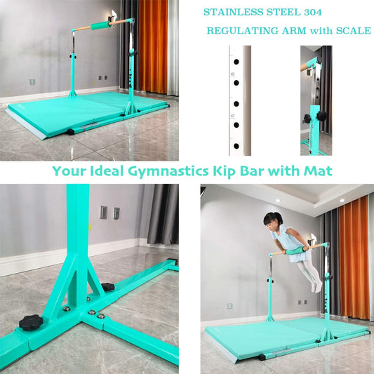 Updated Gymnastics Set -6ft/8ft Base No Wobble Expandable Gymnastics Kip Bar, Fiberglass Rail & 304 Stainless Steel Regulating Arms, Adjustable Height 3'-5' Gymnastics Bar