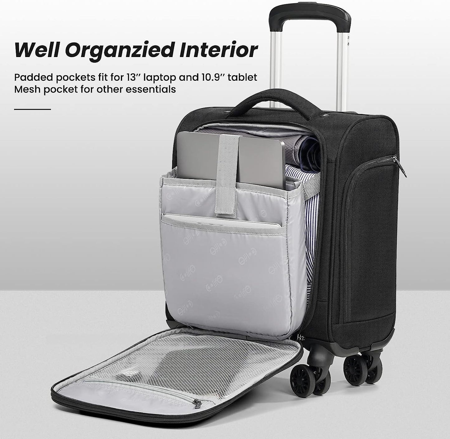 Underseat Carry On Luggage Suitcase Softside Lightweight Rolling Travel Bag Spinner Suitcase Compact Upright 4 Dual Wheel Bag