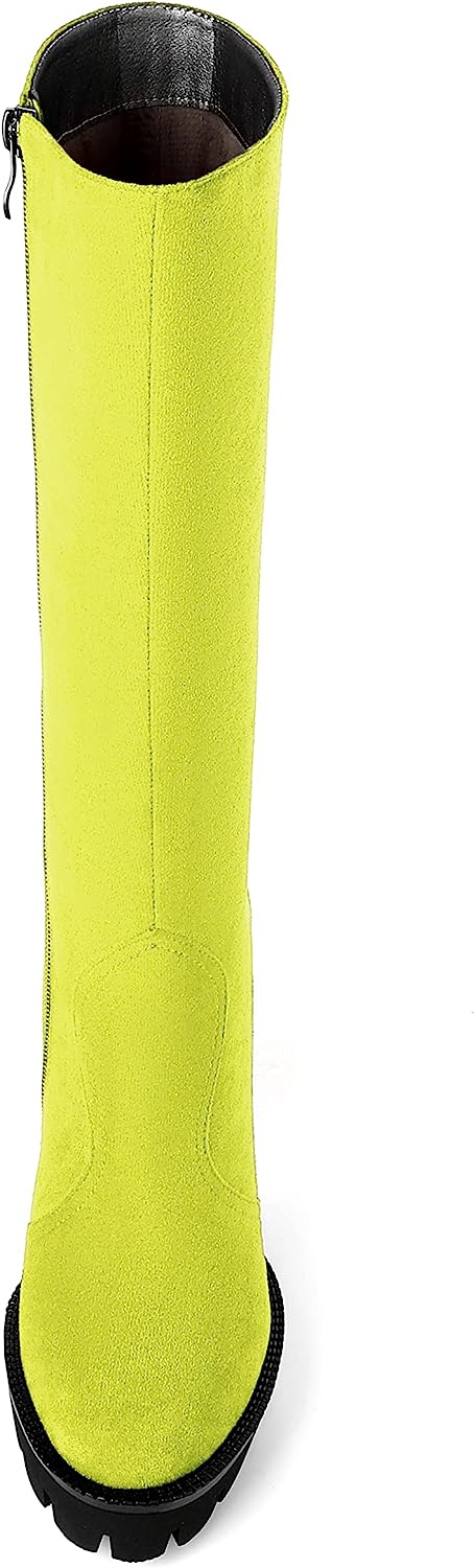 Womens Platform Zip Fashion Suede Solid Round Toe Lug Sole Chunky High Heel Mid Calf Boots 4.7 Inch