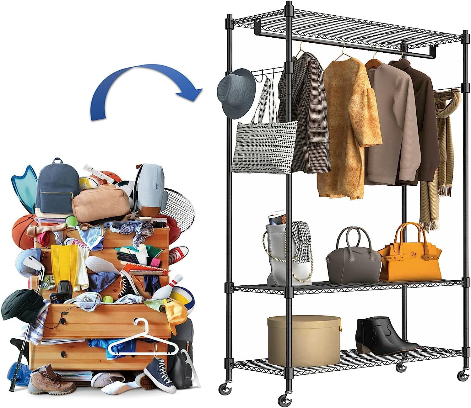 Heavy Duty Rolling Garment Rack - 3 Tier Wire Shelving Clothes Rack with Rod, Double Lockable Wheels, Side Hooks - Freestanding Metal Wardrobe Storage Rack, Great for Home and Commercial Use, Grey