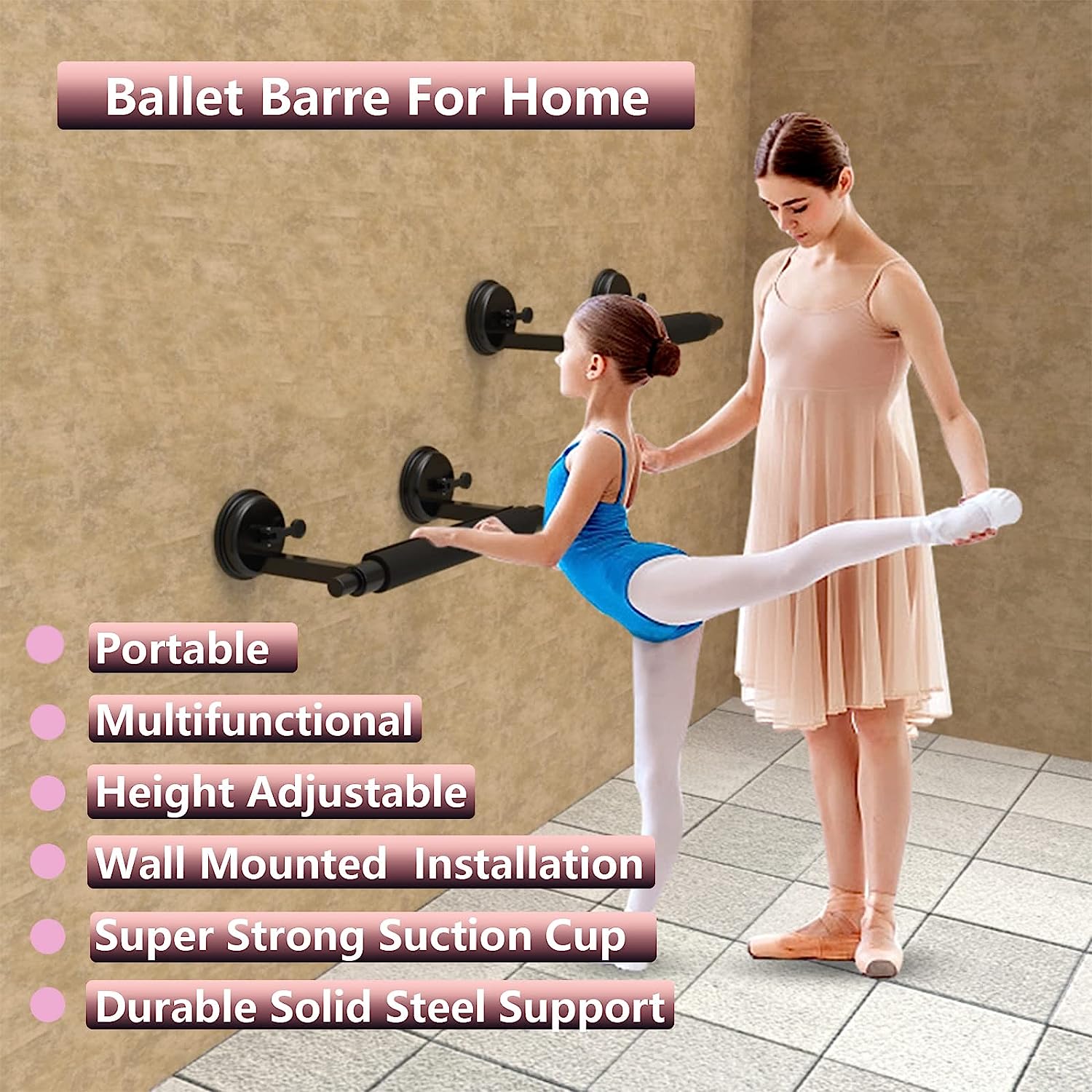 Portable Ballet Barre for Home, Wall Mounted Suction Cup Ballet Bar With Foam Pad, Height Adjustable, Multifunctional Small Stretch/Dance Bar for Workout Dance Equipment, Durable Solid Steel Support