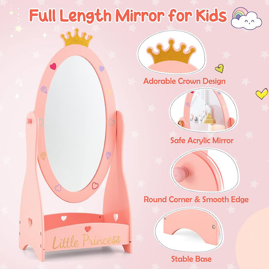 Kids Full Length Mirror, Princess Floor Free Standing Mirror w/Storage Shelf, 360 Degree Rotatable Oval Dressing Mirror w/Cute Crown Pattern for Little Girls Bedroom, Playroom, Pink