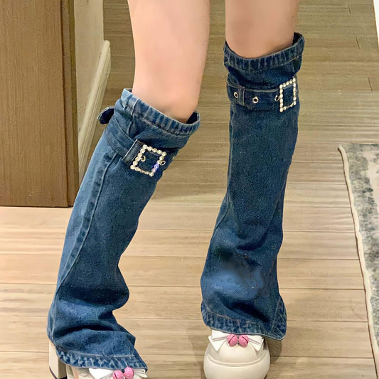 Knee High Foot Cover Socks Women Rhinestones Buckle Denim Leg Warmer Streetwear (Color : D, Size : L Code)