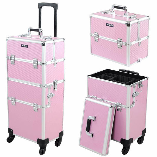 2 in 1 Rolling Makeup Train Case, Makeup Travel Organizer Cosmetology Case, Aluminum Cosmetic Display Suitcase on Wheels, Beauty Storage Luggage Lockable w/4 Removable Wheels (Pink)