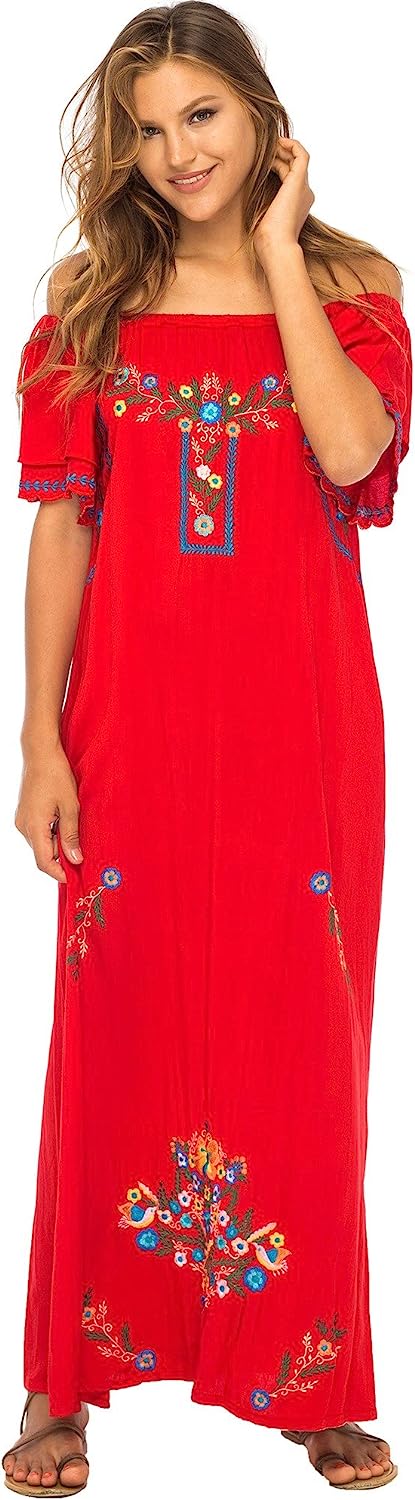 Womens Long Mexican Embroidered Dress, Maxi Long Summer Peasant Dresses for Women Off The Shoulder