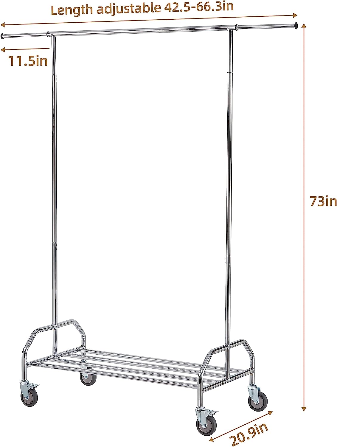 Heavy Duty Clothing Racks for Hanging Clothes, Adjustable Rolling Commercial Garment Rail on Wheels, Free Standing Standard Rod & Shelf for Wardrobe Organization, Chrome Plated