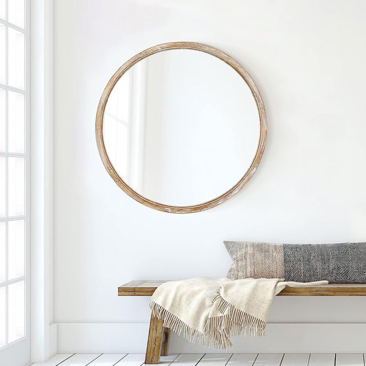 30 inch Round Wall Mirror for Bathroom, Large Circle Vanity Mirror for Wall Decor, Wooden Frame for Entryway Bedroom Living Room, Natural Rustic