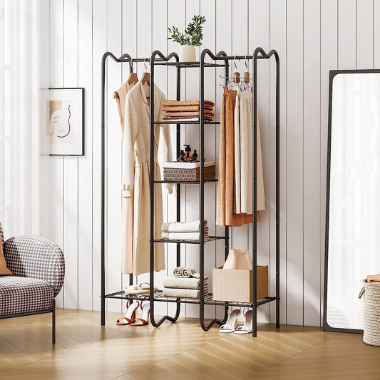 Clothes Rack with Shelves, Portable Wardrobe Closet Clothes Organizer, Metal Closet Wardrobe for Hanging Clothes with Hanging Rods, Freestanding Wire Shelving Garment Rack Closet Organizer and Storage