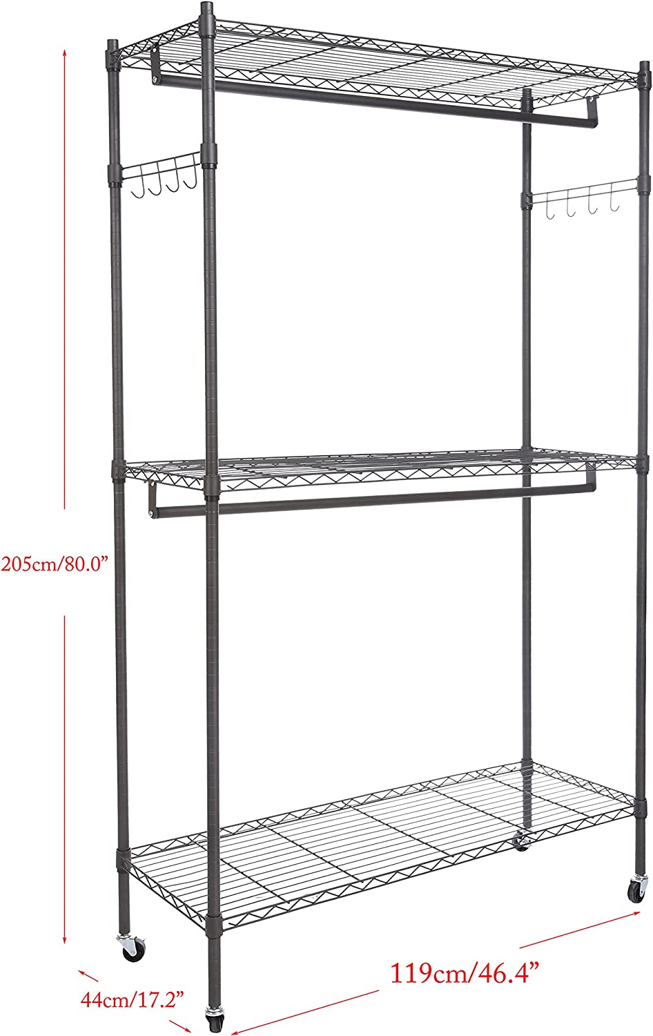 Heavy Duty Rolling Garment Rack 3-Tiers Wire Shelving W/ Double Rods & Lockable Wheels & 1 Pair Side Hooks - Hold Up to 400Lbs (Gray, 2Rod 2Hook)