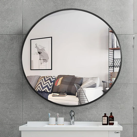 28 inch Round Mirror Circle Mirrors for Wall, Black Bathroom Mirror for Wall Round Mirrors for Bathroom, Wall Mounted Mental Frame Home Decor for Bathroom Entry Dining Room and Living Room