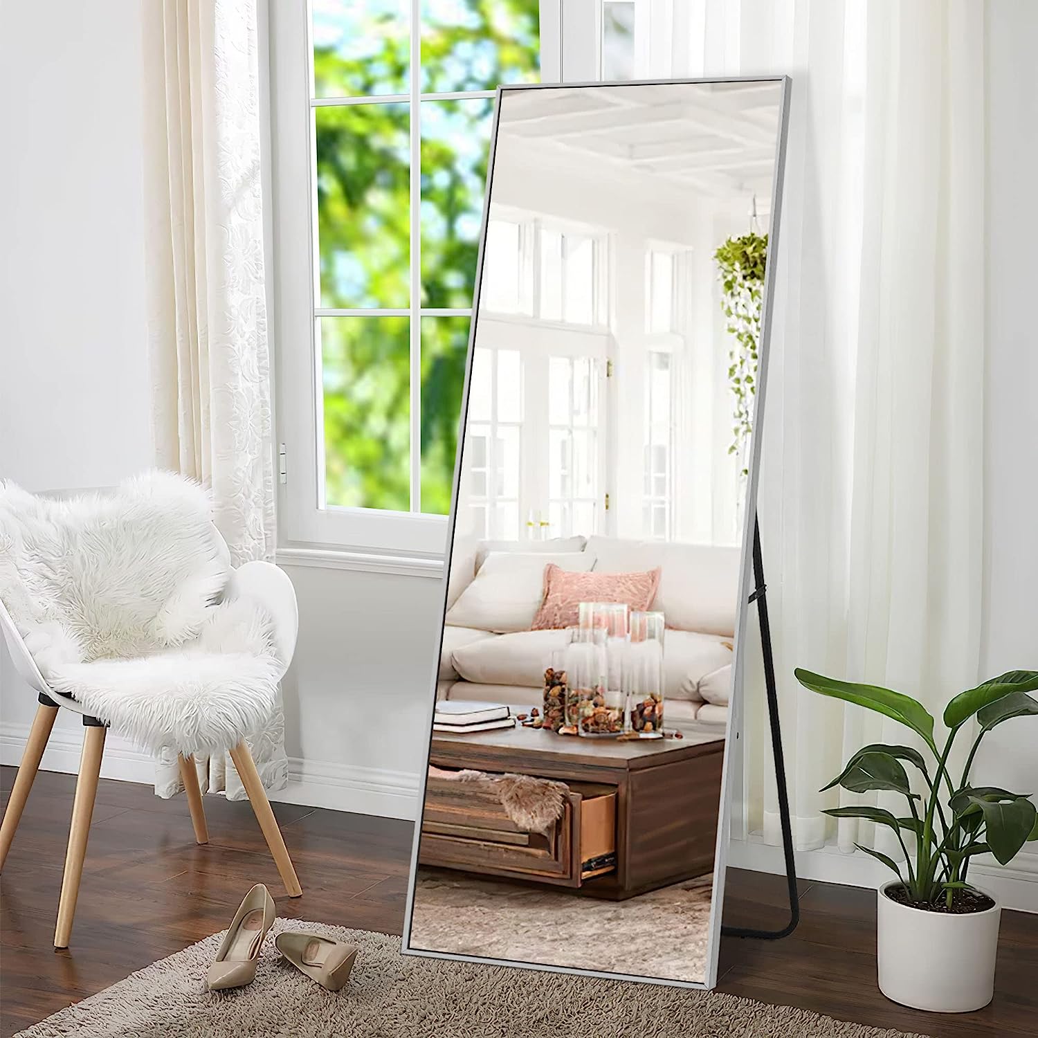 Mirror Full Length, 64"x22" Full Length Mirror with Stand Wall Mounted Dressing Mirror, Large Floor Standing Mirror Hanging or Leaning Against Wall Aluminum Alloy Thin Frame (Silver)