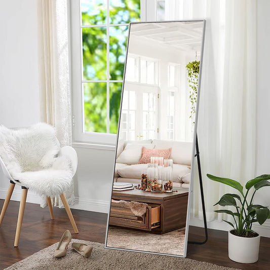 Mirror Full Length, 64"x22" Full Length Mirror with Stand Wall Mounted Dressing Mirror, Large Floor Standing Mirror Hanging or Leaning Against Wall Aluminum Alloy Thin Frame (Silver)