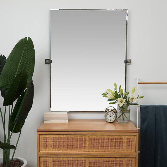 30x40 inch Pivot Wall Mirror Including Polished Chrome Squared Wall Brackets | Frameless Bathroom Mirror | Rectangular Adjustable & Tilting Vanity | Farmhouse Wall-Mounted Mirrors