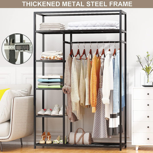 Metal Closet Heavy Duty Clothes Rack, Freestanding Garment Organizer Closet, Open Wardrobe Closet Storage Organizer with Hanging Rod and Storage Wire Shelves