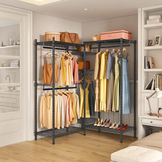L6 Heavy Duty Clothes Rack L Shape Clothing Rack 5-Tier Wire Garment Rack Freestanding Closet with 7 Adjustable Shelves & 4 Hanging Rods, 46.5" L x 46.5" W x 76.8" H, Max Load 800LBS, Black