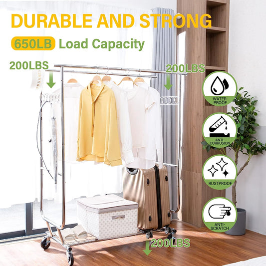 Clothing Garment Rack, Capacity 600 lbs Double Rod, Heavy Duty Coat Rack, Chrome - Upgrade