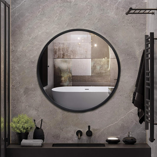 Round Mounting Mirror Wall Decor - Circle Vanity Mirror with Metal Black Frame for Contemporary Rooms 32 inch