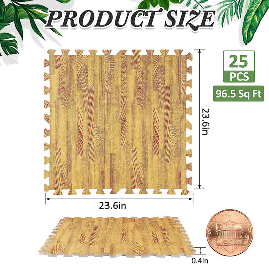 96.5 Sq. Ft Wood Grain Mats Foam Tiles 25 Pcs 23.6 x 23.6 Inch Interlocking Foam Floor Mats Wood Color Eva Foam Floor Tiles for Kids Adults Playroom Bedroom Farmhouse Flooring
