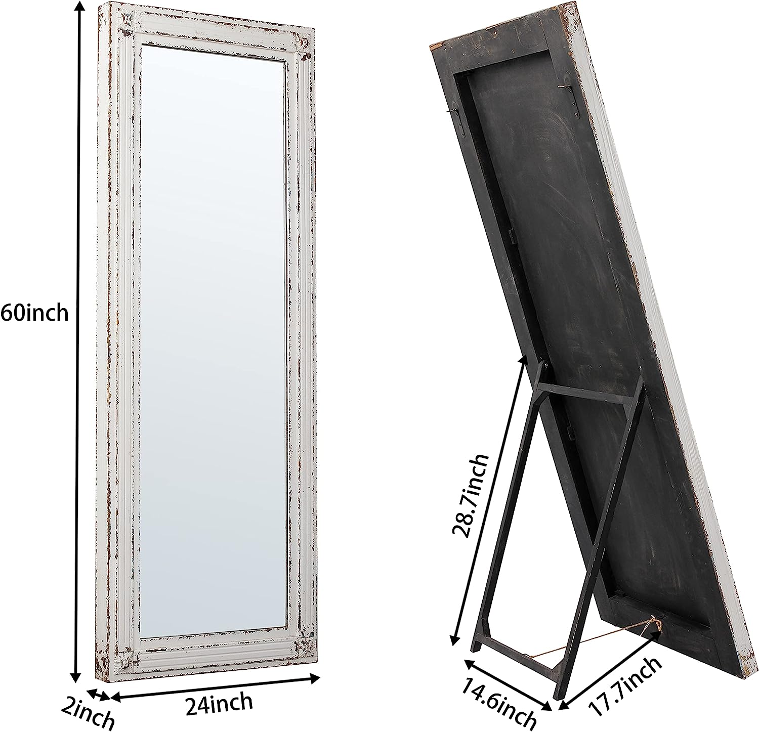 Rustic Full Length Mirror with Stand 60" x 24", Hanging Distressed White Farmhouse Big Mirror Full Body for Bedroom, Leaning Wood Frame Floor Mirror Full Length, Wall Mounted Mirror for Living Room