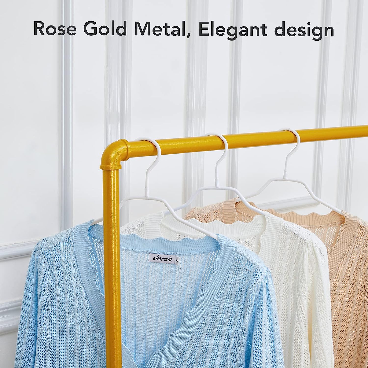 Gold Metal Clothing Rack on Wheels, Boutiques Retail Display Clothing Rack with Wood Shelf, Rolling Garment Rack for Hanging Clothes, Coats, Skirts