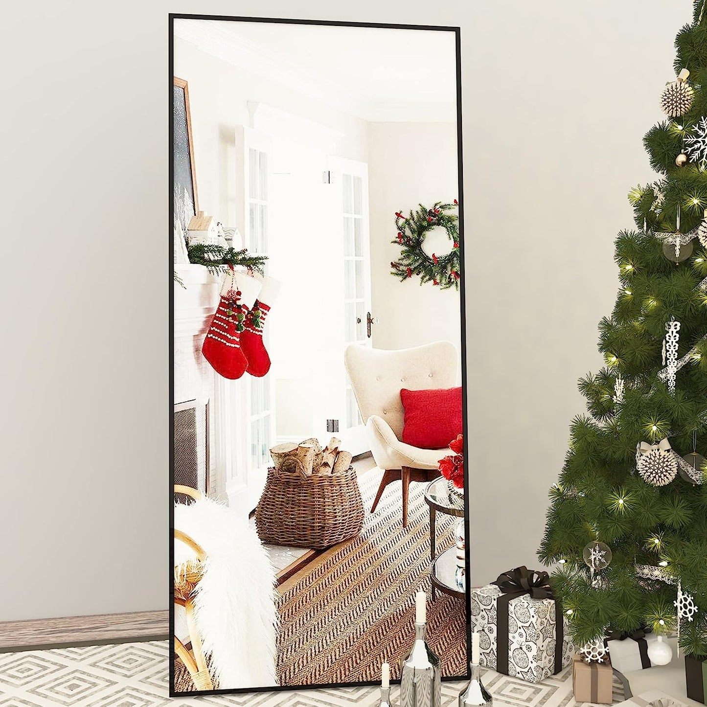 Full Length Mirror, 65" × 24" Standing Body Mirror, Large Floor Mirror, Full Standing Mirror, Standing Hanging or Leaning, Wall-Mounted Mirror Dressing Mirror, Aluminum Alloy Frame, Black