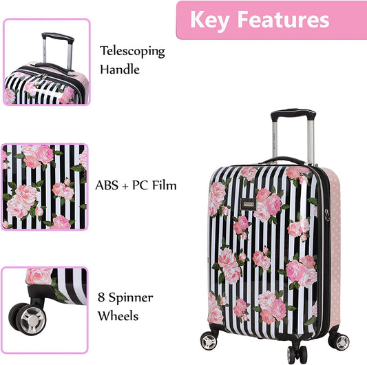 Designer 20 Inch Carry On - Expandable (ABS + PC) Hardside Luggage - Lightweight Durable Suitcase With 8-Rolling Spinner Wheels for Women (Stripe Roses)