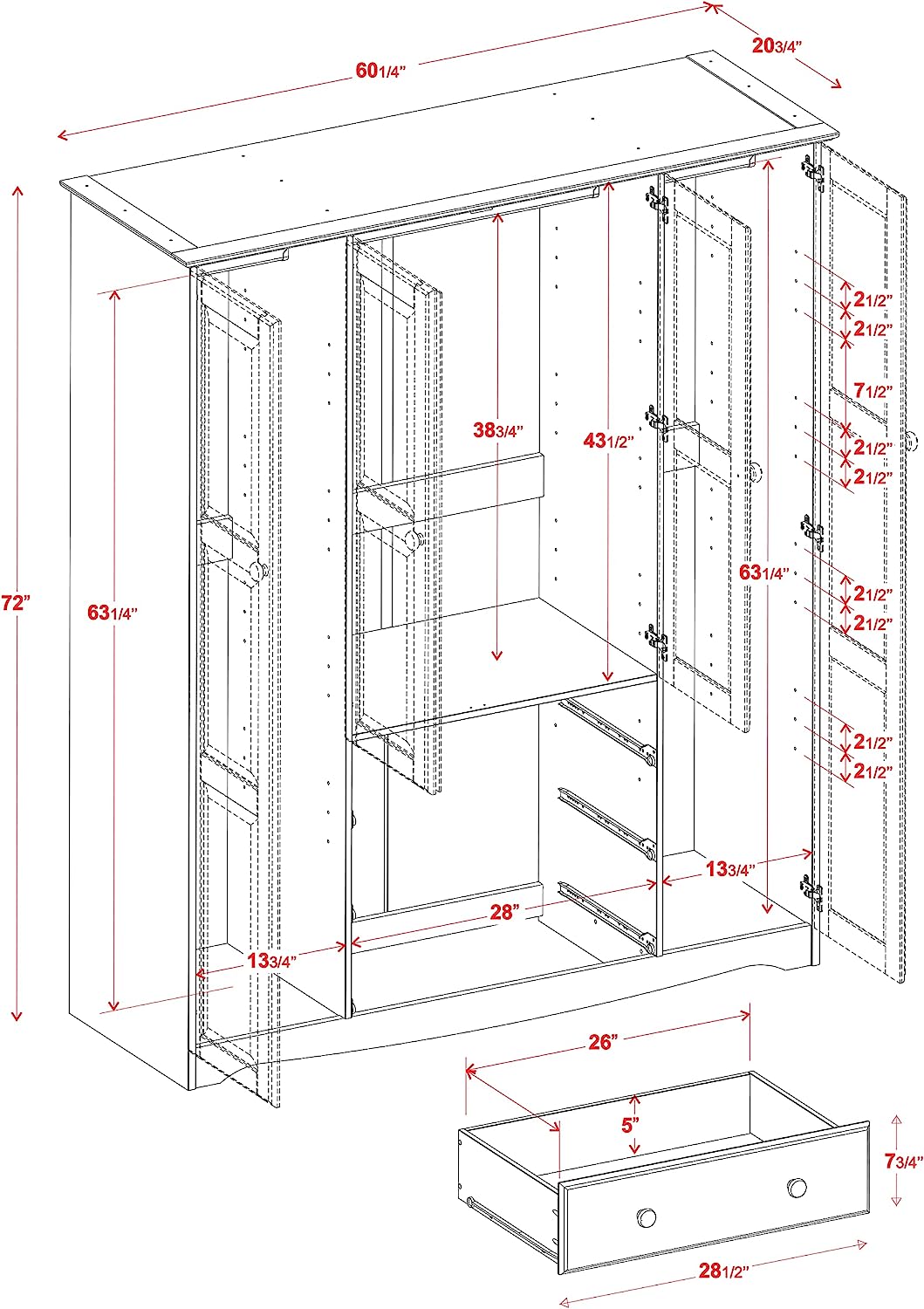 100% Solid Wood Family Wardrobe/Armoire/Closet, Java. 3 Clothing Rods Included. NO Shelves Included. Optional Shelves Sold Separately. 60.25" w x 72" h x 20.75" d