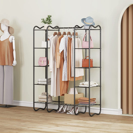 Portable Closet Wardrobe Rack, Wire Garment Rack Clothes Organizer, Clothing Rack with Shelves for Hanging Clothes, Freestanding Closet Metal Wire Shelving Clothes Rack
