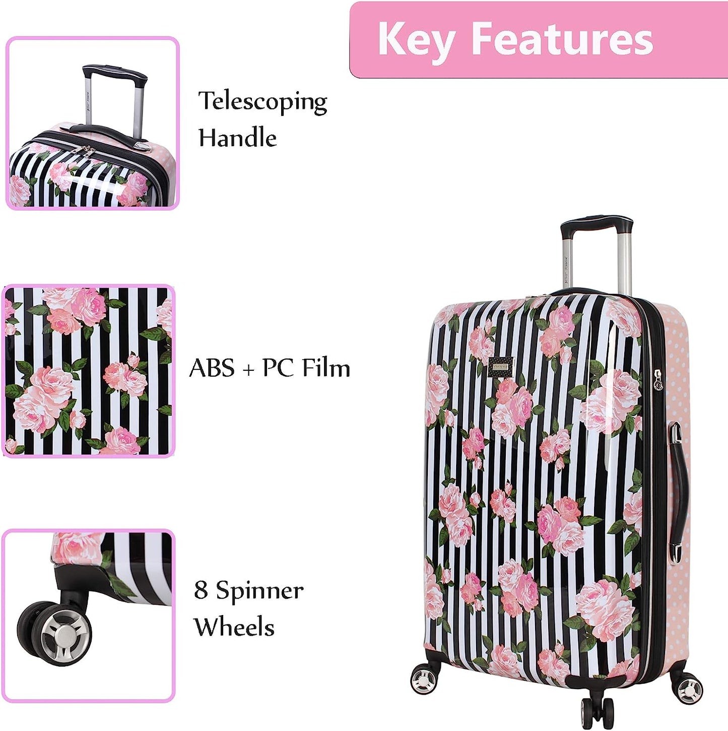 26 Inch Checked Luggage Collection - Expandable Scratch Resistant (ABS + PC) Hardside Suitcase - Designer Lightweight Bag with 8-Rolling Spinner Wheels (Stripe Roses)