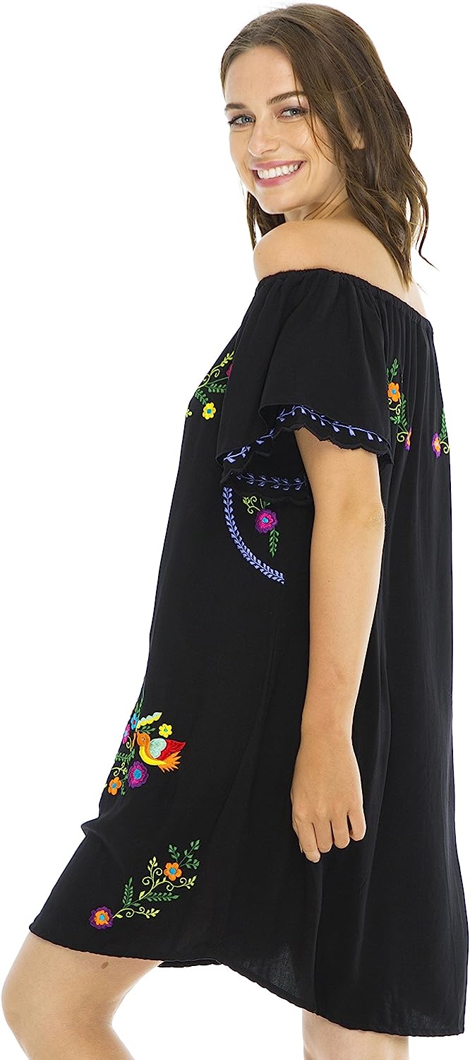 Womens Short Dress Off Shoulder Embroidery Tunic Mexican Style