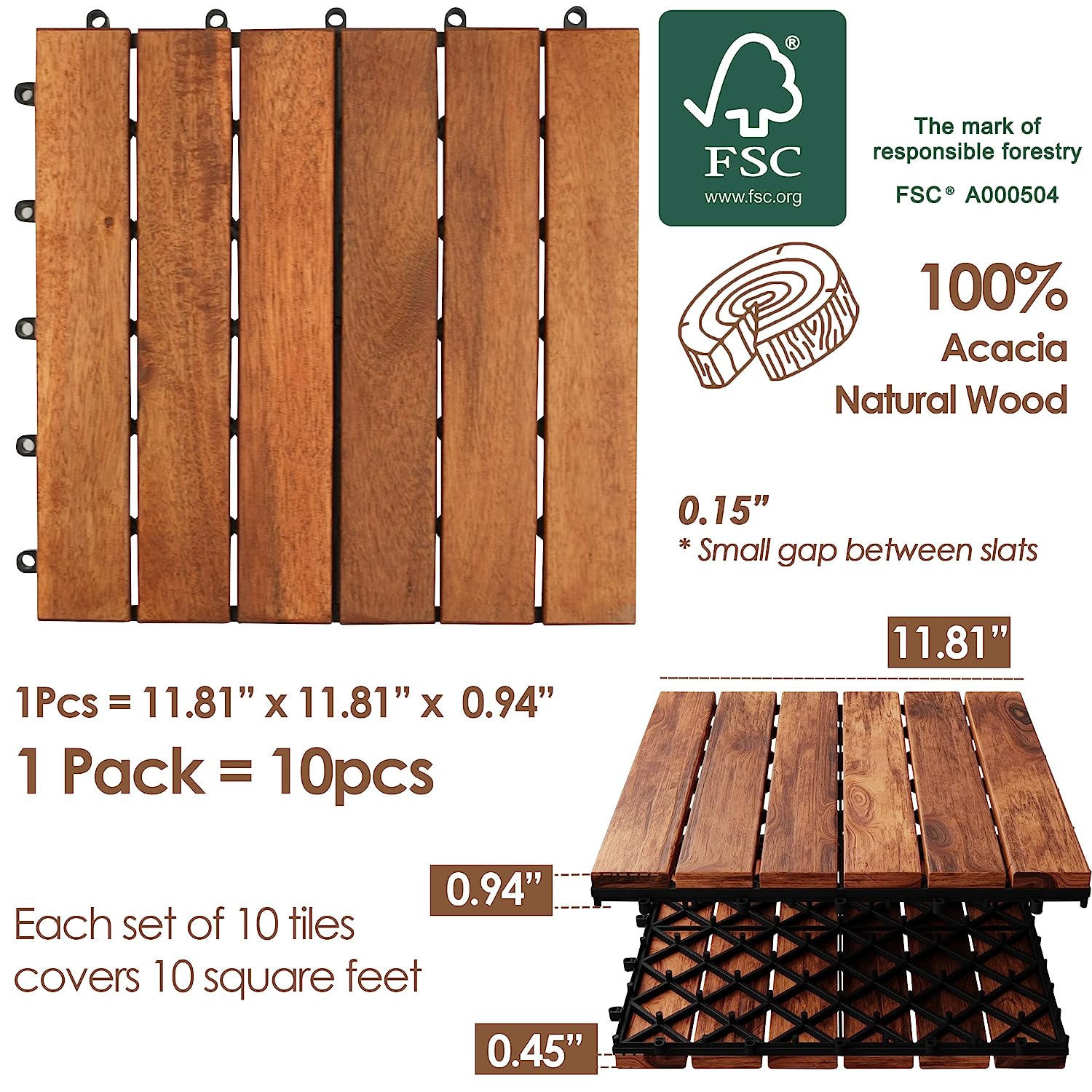 Interlocking Deck Tiles, 100% Acacia Deck Tiles, Deck Tiles Interlocking Outdoor All Weather, Interlocking Patio Tiles, Wood Tiles Outdoor (Stripe, Red Brown, 10)