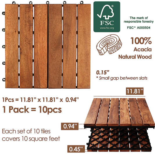 Interlocking Deck Tiles, 100% Acacia Deck Tiles, Deck Tiles Interlocking Outdoor All Weather, Interlocking Patio Tiles, Wood Tiles Outdoor (Stripe, Red Brown, 10)