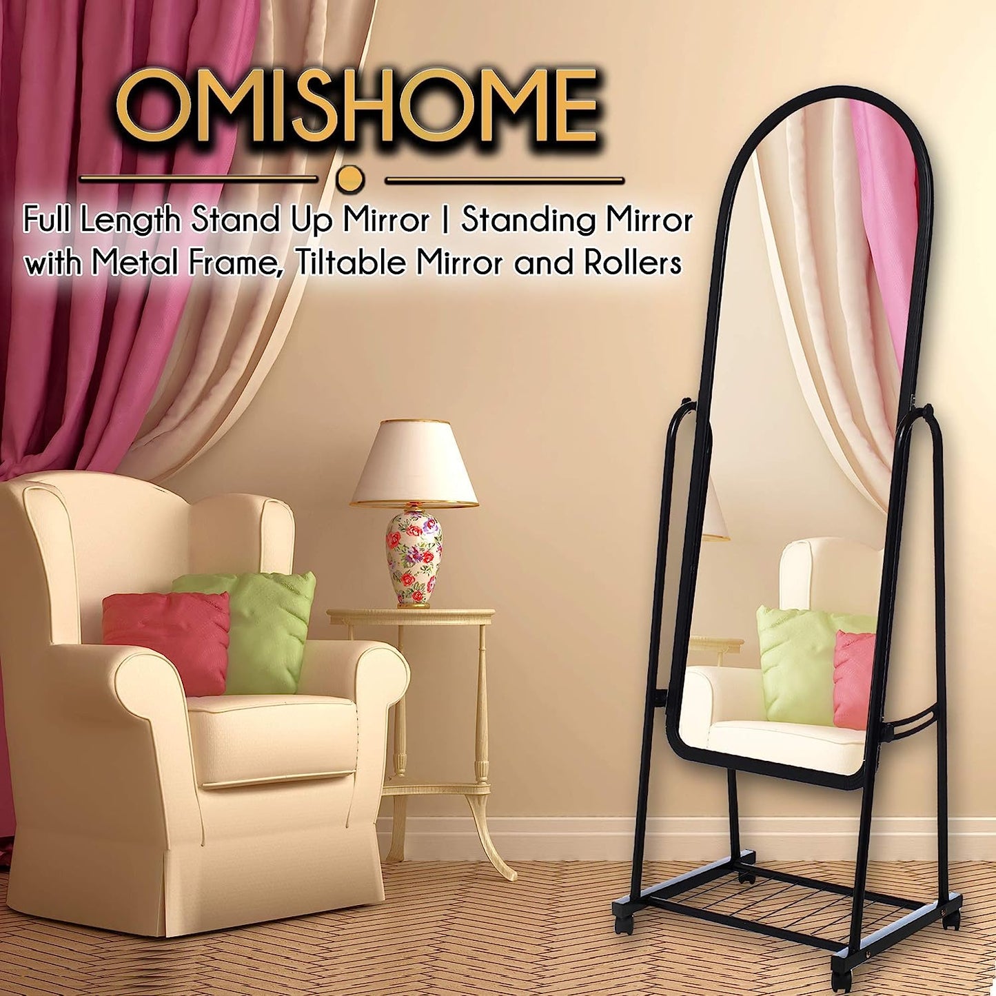 US Based Company) Black Full Length Rolling Mirror | A Stng Yet Simple Design | Handy with Added Storage | Easy to Move and Adjust | Can Be Assembled in Minutes | Sure to Delight You