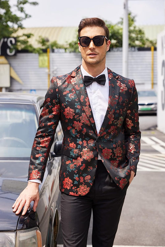 Mens Floral Tuxedo Jackets One Button Stylish Dinner Wedding Party Dress Suit Blazers Jacket