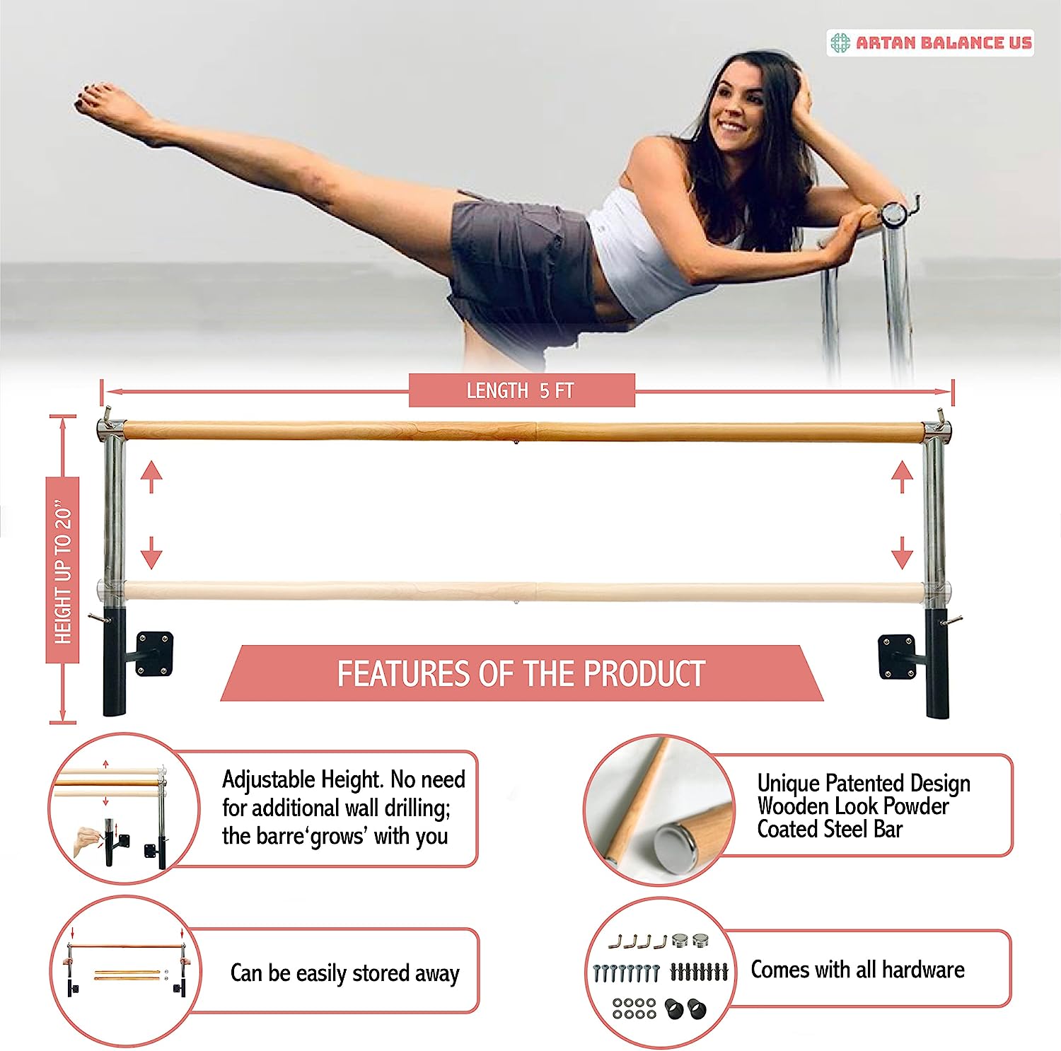 Ballet Barre Wall Mounted for Home or Studio Dance Training, Yoga, Stretching, and Pilates, Adjustable Bar Height, for Kids and Adults, Beginner Friendly, 5 FT Long