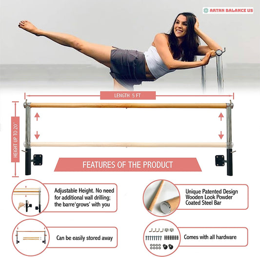 Ballet Barre Wall Mounted for Home or Studio Dance Training, Yoga, Stretching, and Pilates, Adjustable Bar Height, for Kids and Adults, Beginner Friendly, 5 FT Long