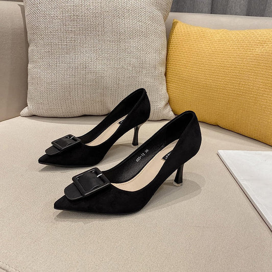 High Heels for Women Trendy Pointy Toe Stiletto Pumps Slip On Suede Softable Sole Formal Dress Work Shallow Shoes Black/Apricot