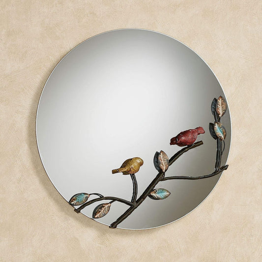 Nature Inspired Birds Round Wall Mirror - Metal, Glass - Blue, Brown, Yellow, Red - Looking Glass for Bedroom, Living Room, Office, Studio, Hallway, Entryway, Foyer