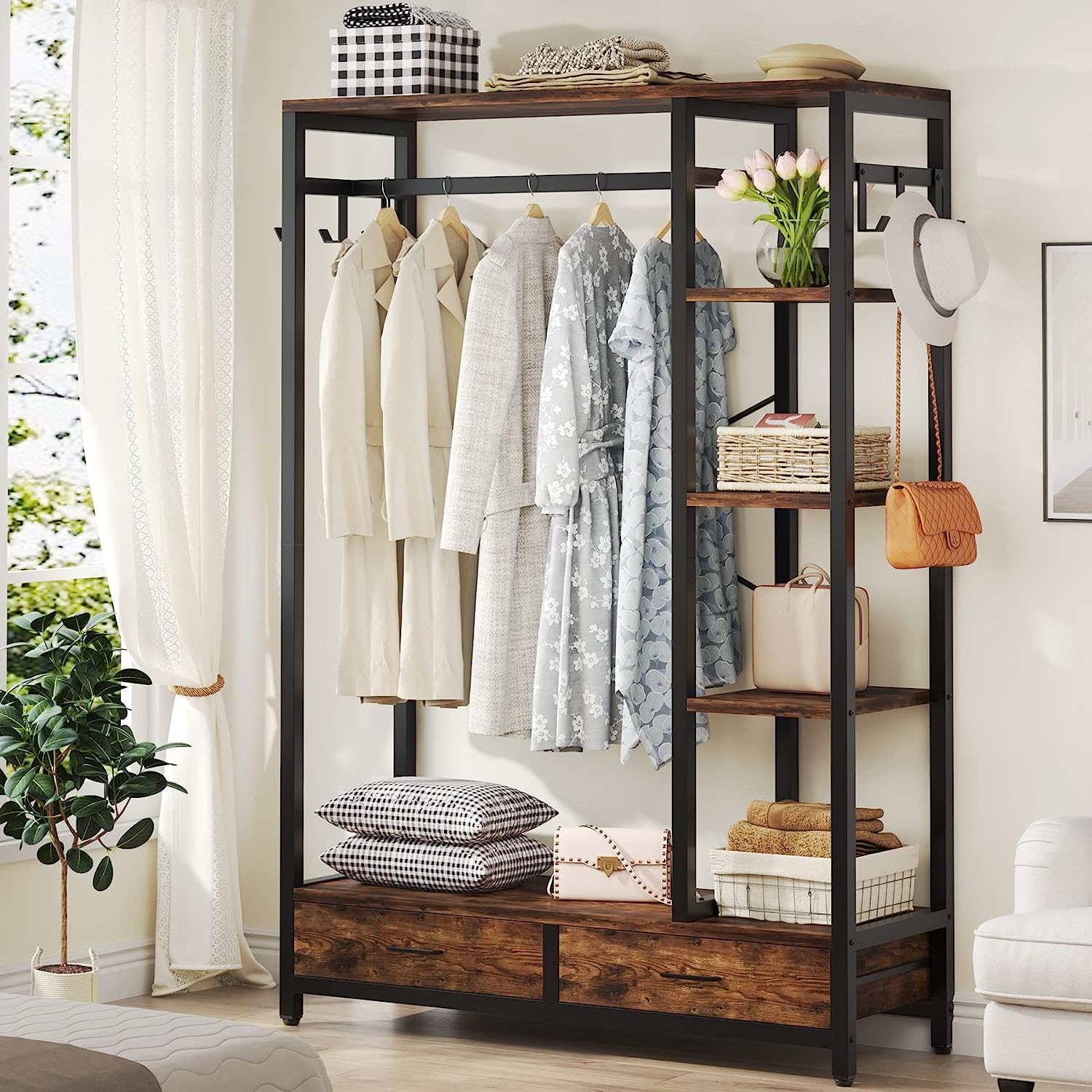 Freestanding Closet Organizer, 70.9" Coat Rack with 2 Drawers, Hall Tree with 6 Hooks and Shelves, Industrial Clothes Garment Rack with Hanging Rod for Entryway, Bedroom, Living Room