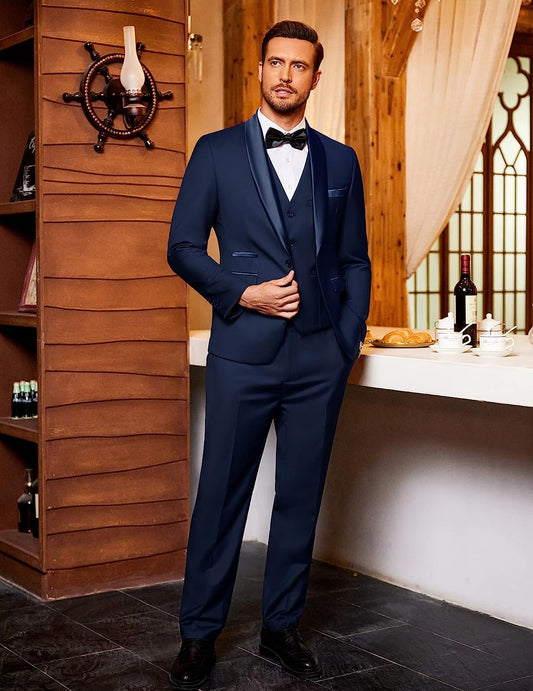 Mens Suits for Wedding Prom Party Dance One Button Solid Jacket Vest Pants with Bow Tie Navy Blue