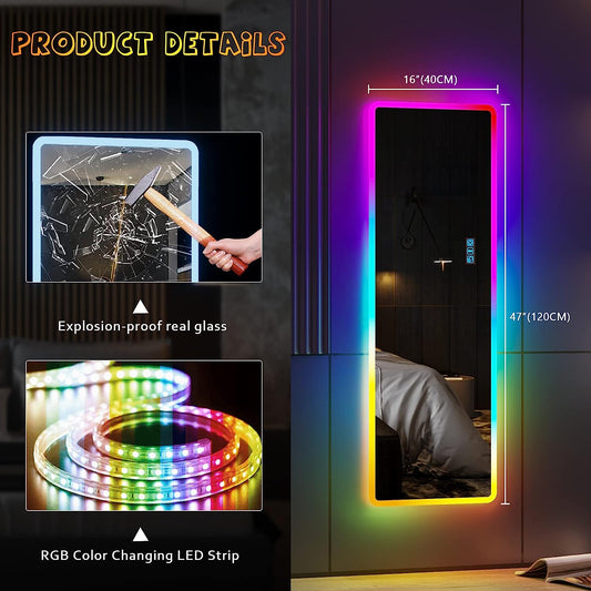 RGB LED Full Length Mirror, Wall/Door Mounted Hanging 7 Color Dimmable Mirror 48"x 16" Large Mirror with Stand for Bedroom, Washroom, Bathroom, Locker Room Floor Mirror